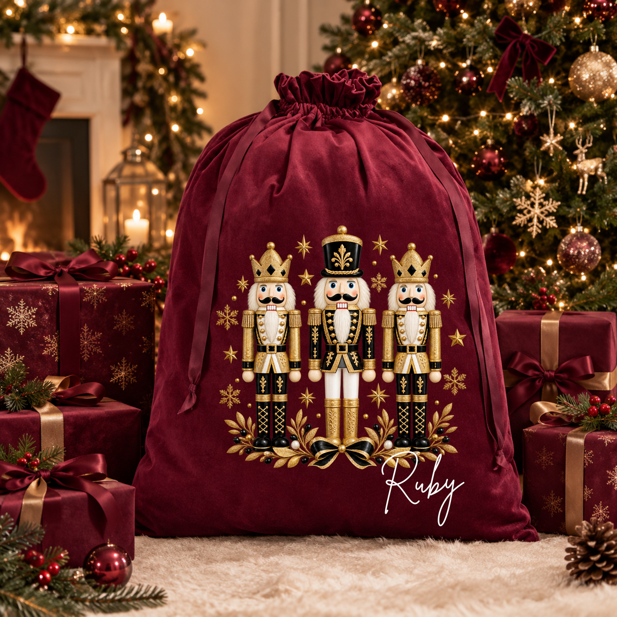Nutcracker velvet personalised Red Santa Sack